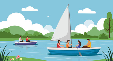 People Enjoying Boat Ride on Scenic Lake with Green Hills and Blue Sky