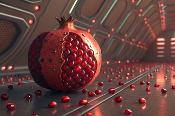 Pomegranate with Seeds Scattered in Futuristic Corridor fruit arils