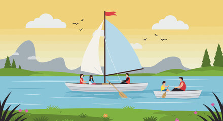 Outdoor Leisure Activity &ndash; Sailing and Rowing on Lake with Mountains