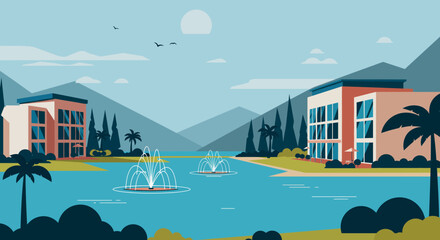 City Waterfront Illustration with Parks, Fountains, and Residential Buildings, lake park