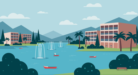 Urban Riverside Scene with Modern Buildings and Water Fountains in Flat Style