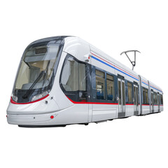 Modern tram on tracks ready for passengers in a busy urban area during daylight hours
