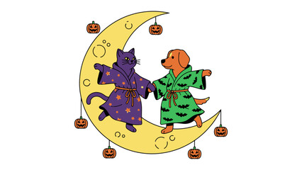 Halloween Nighttime Companions: An adorably spooky illustration depicts a feline and canine duo, dressed in whimsical robes and playfully suspended from a crescent moon.