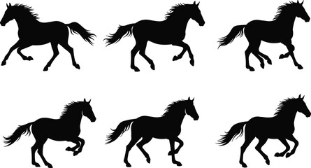 Silhouette sequence of running horse showing dynamic motion, galloping stages, animal locomotion, equestrian speed, black vector illustration for design