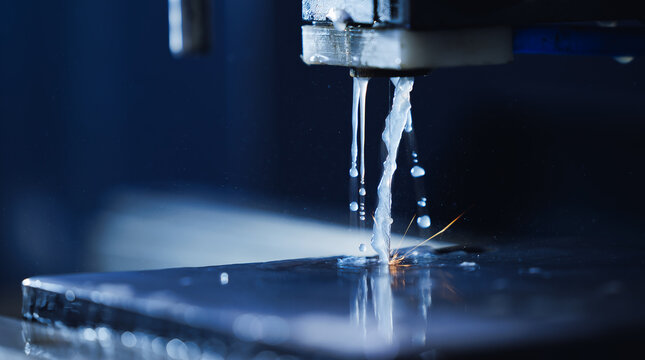 Electrical discharge cutting cnc machine spark close-up with water jet