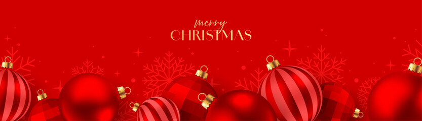 Christmas ball banner, red greeting card background, border © Auguste Lange