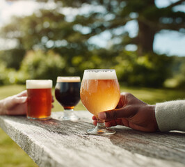 Diverse group enjoys craft beers outdoors on a rustic table. Ideal for themes of friendship, relaxation, summer, and celebrating good times. Perfect for social media, blogs,  ads.