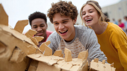 Diverse teens creatively collaborate on a cardboard art project, joyfully expressing teamwork, innovation, and playful learning outdoors.