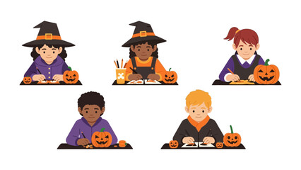 Halloween Drawing Fun: A charming illustration capturing children dressed in Halloween attire, sitting attentively to draw pumpkins, fostering creativity and seasonal delight.