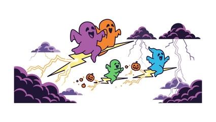 Whimsical Halloween Specter Flight: A playful illustration of spectral forms enjoying a thrilling flight across a stormy night, embodying the enchanting spirit of Halloween. 