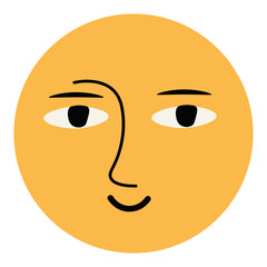 red sun with a smiling human face and golden rays flat hand-drawn illustration on a light background. Playful stylized sun character in folk or naive art style.