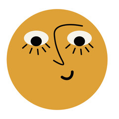 red sun with a smiling human face and golden rays flat hand-drawn illustration on a light background. Playful stylized sun character in folk or naive art style.