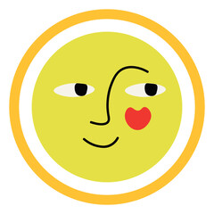 Fototapeta premium red sun with a smiling human face and golden rays flat hand-drawn illustration on a light background. Playful stylized sun character in folk or naive art style.