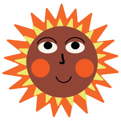 red sun with a smiling human face and golden rays flat hand-drawn illustration on a light background. Playful stylized sun character in folk or naive art style.