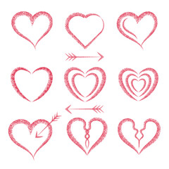 Collection of nine hand drawn brush heart illustrations and two arrows on a white background design element