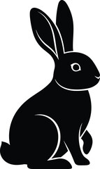 Black Silhouette of Sitting Rabbit with Upright Ears and White Outline, Minimal Animal Vector Icon for Nature, Pets, and Education