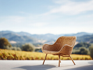Serene wicker chair overlooks a scenic landscape. Represents relaxation, leisure, and escape. Ideal for travel, lifestyle, or aspirational themes. Calm, peaceful mood.