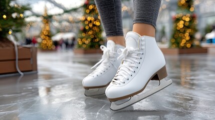 Skater practices on a glistening ice rink adorned with holiday trees and twinkling lights, showcasing winter festivities and joy