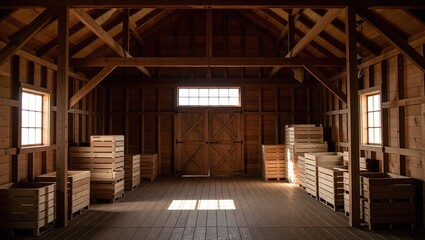 Rustic Barn Interior with Wooden Crates and Sunlight Streaming T