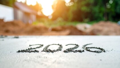 Close-up of Concrete Slab with "2026" Written in Cement, Construction Site Background