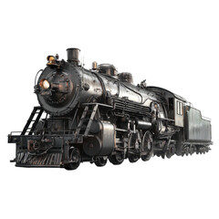 Fototapeta premium Classic black steam locomotive on display at a historical railroad station during a sunny afternoon