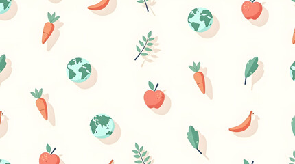 Obraz premium Seamless pattern of flat vector icons including fruits, vegetables, wheat, globe, leaves, in soft pastel colors, high-resolution, no text