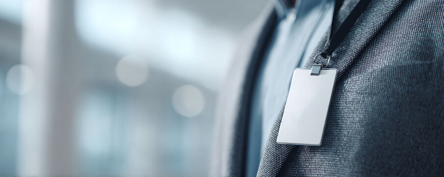 Fototapeta Professional identity card mockup. Closeup of blank, white badge worn by person in business attire. Suitable for events, conferences, security, and access control.