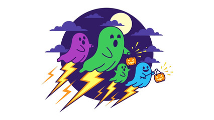 Spooky Halloween Spirits: A playful illustration of ghostly figures gliding through a night sky adorned with lightning bolts, and holding jack-o'-lanterns.