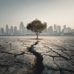 Lonely tree amidst cracked earth cityscape