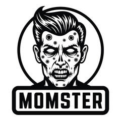 Creepy momster head logo design featuring a zombie face with spiky hair and a bold text label silhouette