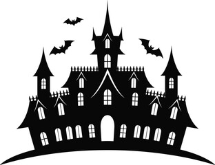 Haunted House Silhouette with Gothic Towers and Flying Bats – Halloween Vector, Spooky Architecture, Horror Theme, Dark Night Illustration