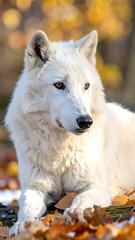 Naklejka premium White wolf in autumn leaves