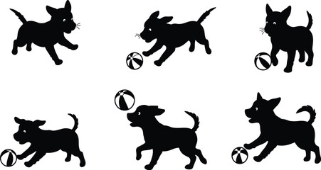 Vector illustration of multiple dog breeds with ball, playful pet activity, domestic animals, canine friendship, training, exercise, companionship, lifestyle design