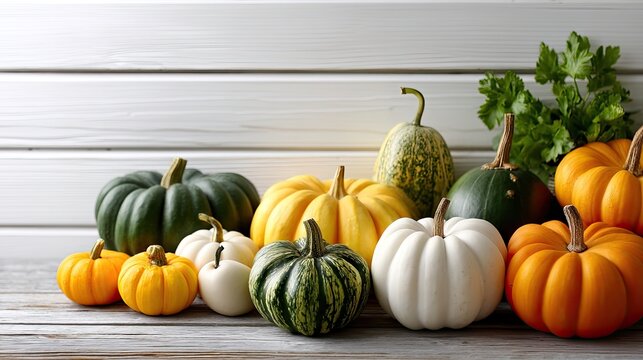 Colorful pumpkins in orange, white, and brown with autumn leaves, arranged in a basket for seasonal decor