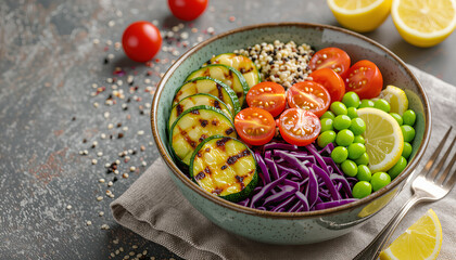 Colorful quinoa bowl with grilled vegetables served in a ceramic bowl with copy space