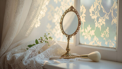 
Hand mirror with ornate frame on lace cloth by window in vintage pastel style with copy space