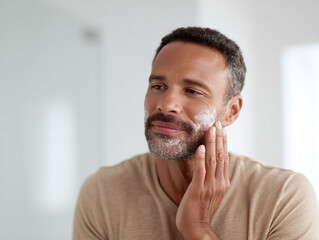 A confident man applying skincare. This image represents selfcare, grooming, and healthy aging. Perfect for health, beauty, lifestyle, and wellness themes.