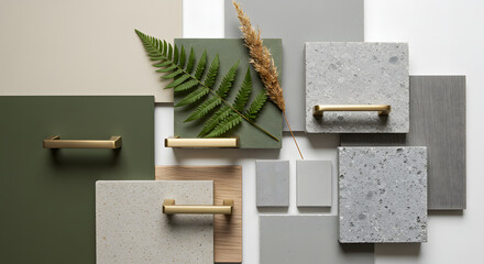A flat lay of a modern interior design mood board featuring green and grey material samples, brass handles, and natural elements like a fern leaf.