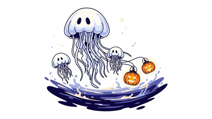 Spooky Jellyfish Halloween Theme: A playful illustration depicting whimsical jellyfish, complemented by carved pumpkins. The artistic imagery captures a fusion of marine life and festive celebration.