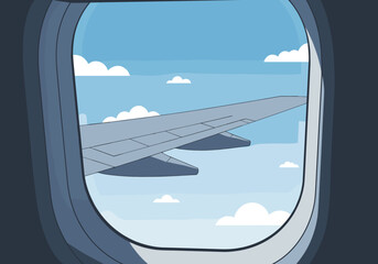 Naklejka premium Flying experience from airplane window above the clouds digital sky view serenity of travel