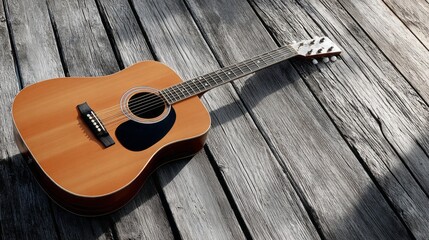 A guitar is sitting on a wooden surface
