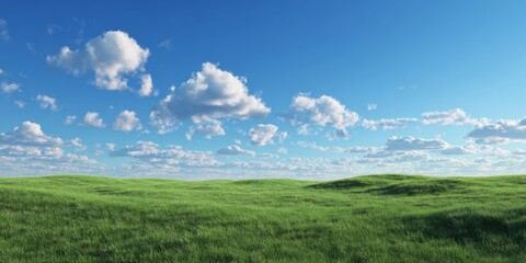 Obraz premium Lush Green Grass Under Bright Blue Sky with Soft White Clouds in a Tranquil and Peaceful Outdoor Landscape Scene