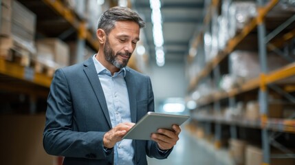 Medium shot of a warehouse manager using cloudbased inventory software on a tablet with blurred shelves in the background highlighting seamless stock tracking