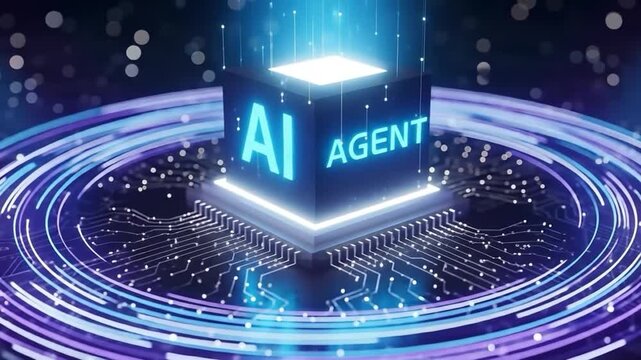 AI agent cube on circuit board with glowing rings