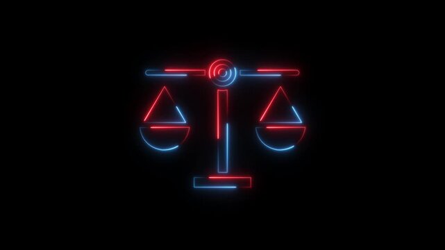 Abstract neon glowing Scales of justice icon isolated on black background. Court of law symbol. Balance scale sign.
