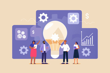 Diverse team collaborates on innovative business idea with lightbulb and gears symbolizing progress and success