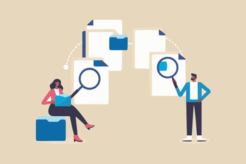 Two people using magnifying glasses and a laptop to search for digital files and information