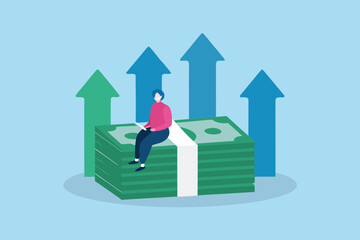 Person sitting on stack of money with upward trending arrows symbolizing financial growth and success