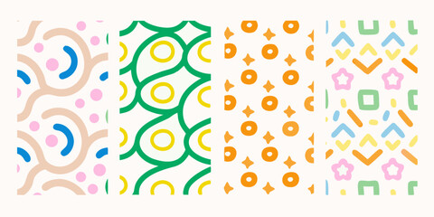 Four playful and colorful abstract patterns with geometric and organic shapes on a light background