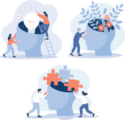 Mental health illustration with human head, creativity growth, positive mindset, problem solving, brain development, psychology concept, mind wellness improvement